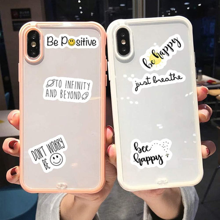 VibeCore Happy Inspirational Quotes Stickers on the back of a phone case, showcasing colorful and motivating phrases. Ideal for brightening up your phone with positive vibes.