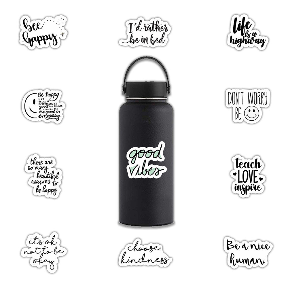 VibeCore Happy Inspirational Quotes Stickers on a water bottle, featuring vibrant motivational phrases and uplifting designs. Perfect for adding positivity to everyday accessories.