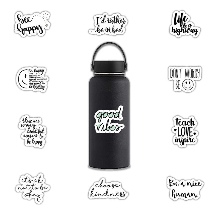 VibeCore Happy Inspirational Quotes Stickers on a water bottle, featuring vibrant motivational phrases and uplifting designs. Perfect for adding positivity to everyday accessories.