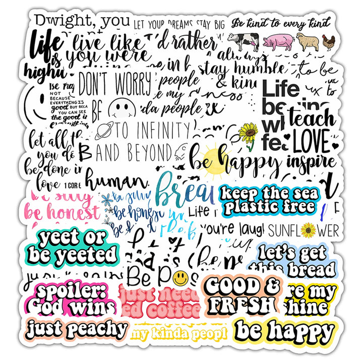 VibeCore Happy Inspirational Quotes Stickers - 50 motivational stickers with positive affirmations, uplifting phrases, and feel-good messages. Ideal for laptop, phone, water bottle, and notebook. Durable, vibrant, residue-free 6-8 cm stickers that bring positivity and joy.