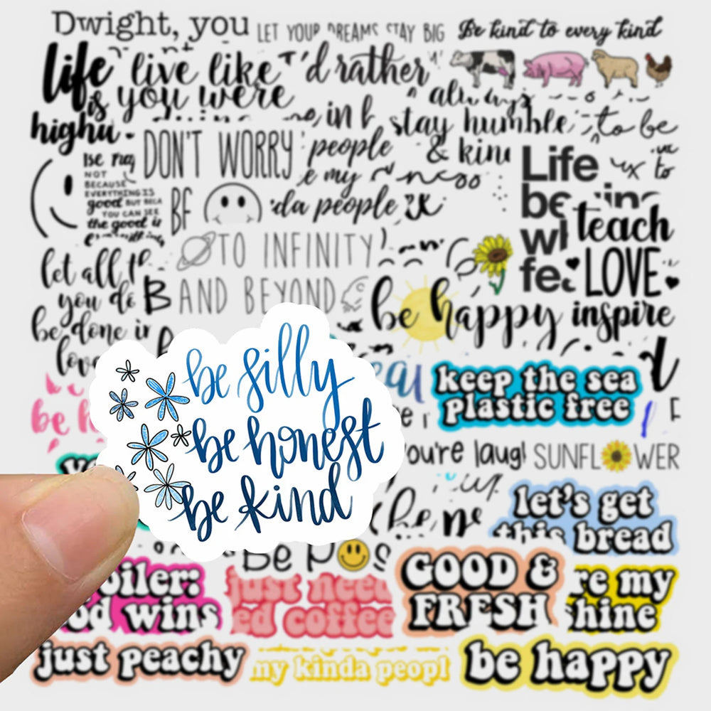 Close-up of VibeCore Happy Inspirational Quotes Sticker featuring positive affirmations and motivational phrases. Vibrant, durable, and residue-free design, perfect for laptops, phones, and water bottles.