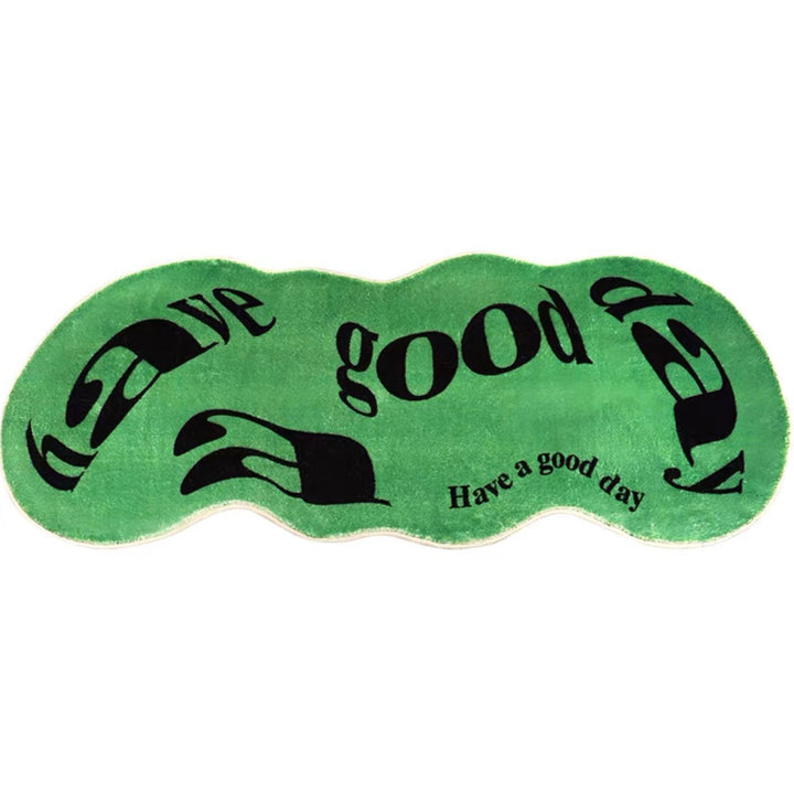 VibeCore Have A Good Day Trippy Accent Rug green full product view, displaying its vibrant abstract design in full. The rug features bold abstract text and a soft, inviting texture. Perfect for adding a funky, energetic touch to your room, this piece enhances your space with a fun and stylish vibe. Ideal for bedrooms, dorms, or living rooms, the plush material provides comfort while making a statement in your decor.