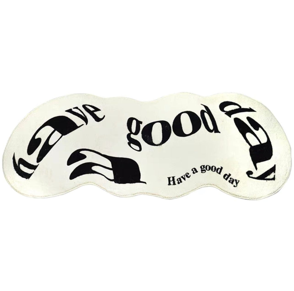VibeCore Have A Good Day Trippy Accent Rug white, full product view, featuring a bold, abstract text design. This eye-catching rug brings a fun, energetic vibe to any space with its unique text shape. Perfect for adding a pop of personality to bedrooms, dorms, or living areas, it combines comfort and style. The soft texture makes it ideal for cozy spaces, while the trippy design adds a unique, modern touch to your decor.