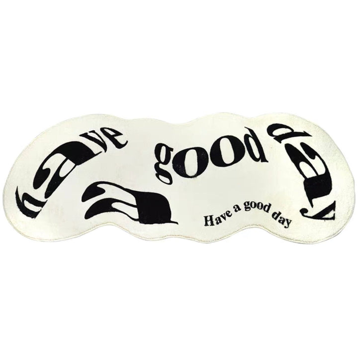 VibeCore Have A Good Day Trippy Accent Rug white, full product view, featuring a bold, abstract text design. This eye-catching rug brings a fun, energetic vibe to any space with its unique text shape. Perfect for adding a pop of personality to bedrooms, dorms, or living areas, it combines comfort and style. The soft texture makes it ideal for cozy spaces, while the trippy design adds a unique, modern touch to your decor.