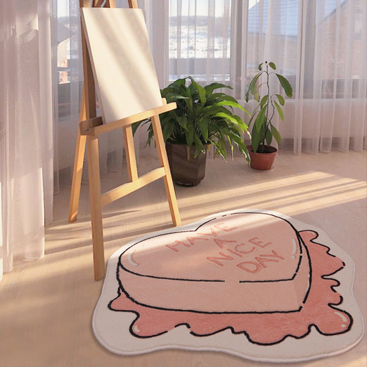 VibeCore Have A Nice Day Sweetheart Candy Accent Rug in front of an aisle, highlighting the cute candy design and cheerful message in a stylish space.