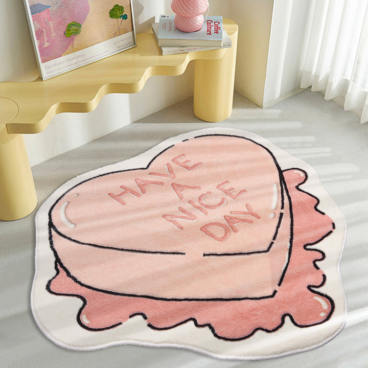 VibeCore Have A Nice Day Sweetheart Candy Accent Rug on floor, showcasing the charming candy design with a sweet message in a cozy space.