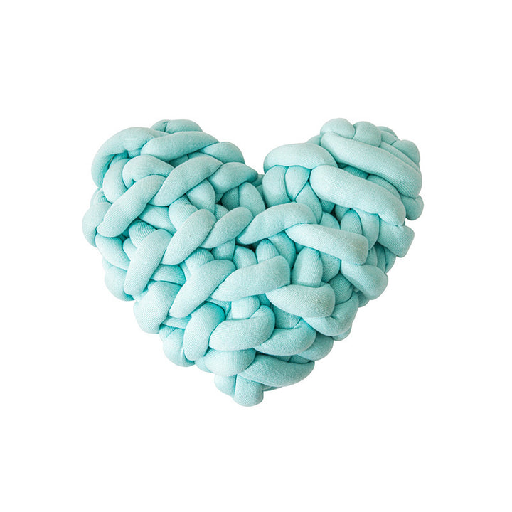 VibeCore Heart-Shaped Knot Throw Pillow in aqua, featuring a heart-shaped, woven knot design made from soft polyester fiber. A cozy and stylish accent that adds a touch of charm and warmth to any space, perfect for creating a cozy, loving vibe.