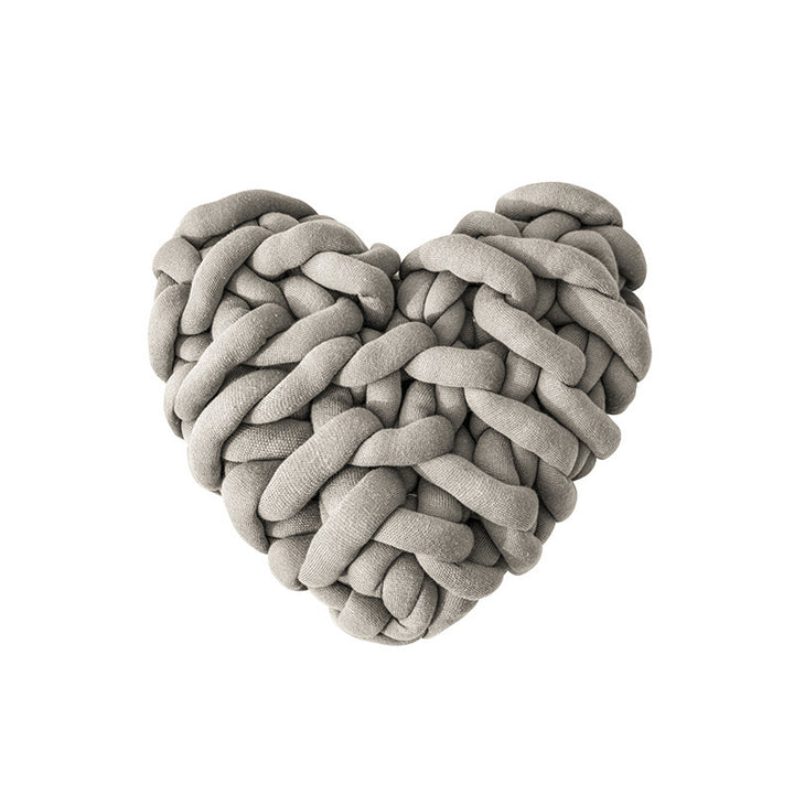 VibeCore Heart-Shaped Knot Throw Pillow in gray, featuring a heart-shaped, woven knot design made from soft polyester fiber. A cozy and stylish accent that adds a touch of charm and warmth to any space, perfect for creating a cozy, loving vibe.