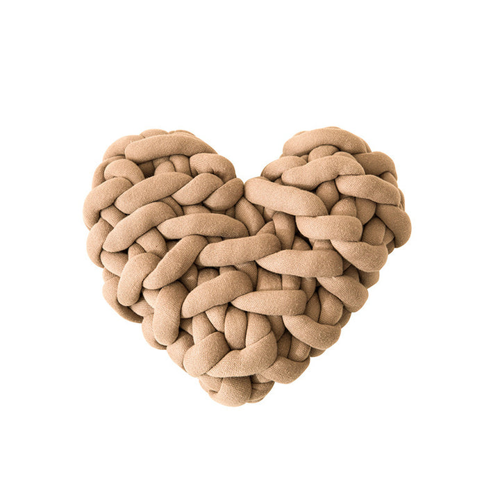 VibeCore Heart-Shaped Knot Throw Pillow in khaki, featuring a heart-shaped, woven knot design made from soft polyester fiber. A cozy and stylish accent that adds a touch of charm and warmth to any space, perfect for creating a cozy, loving vibe.