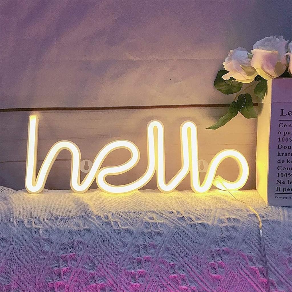VibeCore Hello Cursive Neon Light Warm White Against Wall