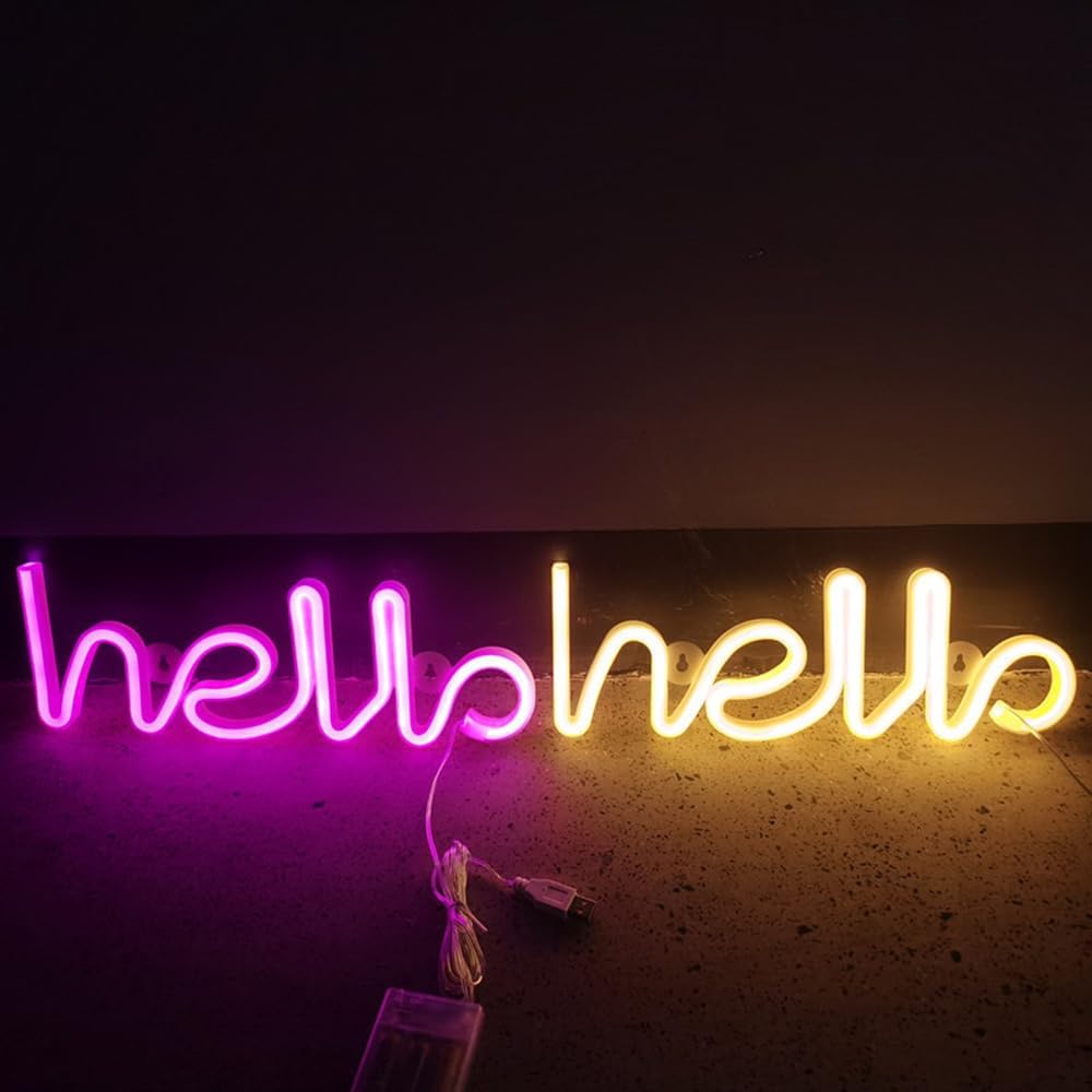 VibeCore Hello Cursive Neon Light Warm White and Pink Side by Side