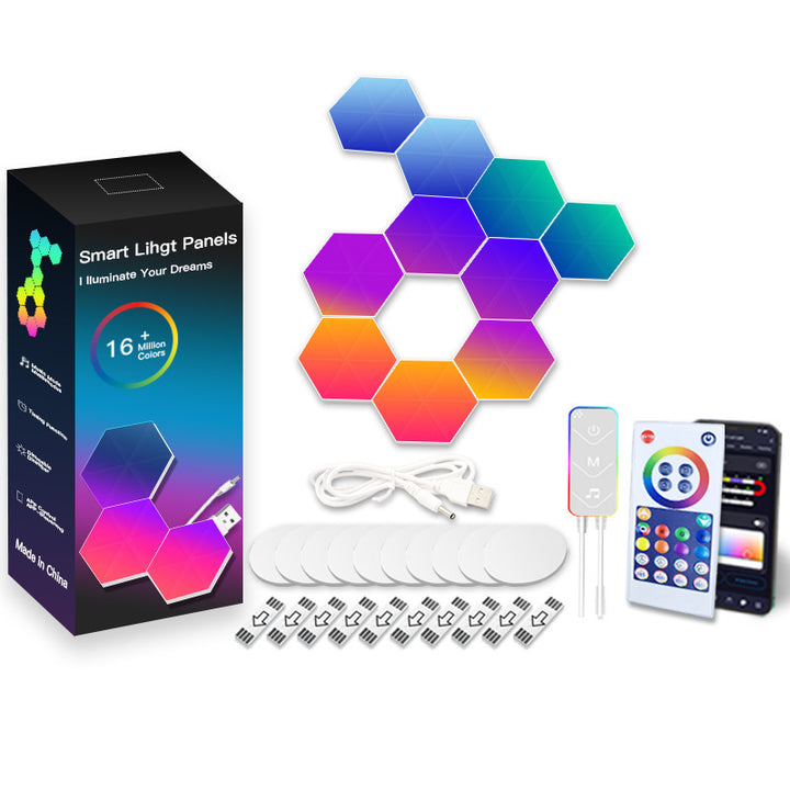 VibeCore Hexagon LED Lights in a 10-panel layout, providing an immersive lighting experience with customizable colors and dynamic effects for a futuristic and stylish setup.