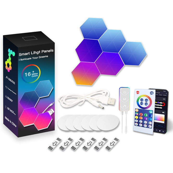 VibeCore Hexagon LED Lights in a 6-panel arrangement, offering dynamic and customizable lighting with vibrant colors to elevate the ambiance of any room or gaming setup.