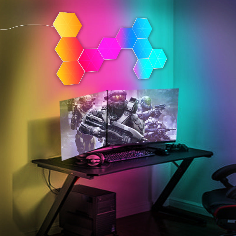 VibeCore Hexagon LED Lights above a different gaming setup, featuring customizable vibrant colors and dynamic lighting, creating a futuristic ambiance.