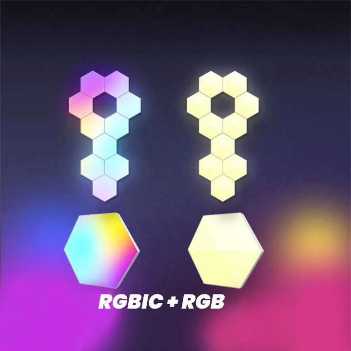 VibeCore Hexagon LED Lights featuring RGBIC and RGB capabilities, offering customizable multi-color displays with dynamic lighting effects for a vibrant ambiance.
