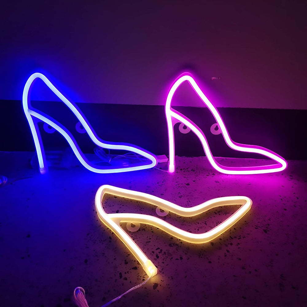VibeCore High-Heel Neon Light in 3 colors: Blue, Pink, and Yellow, glowing brightly to add a chic and vibrant ambiance to any room.