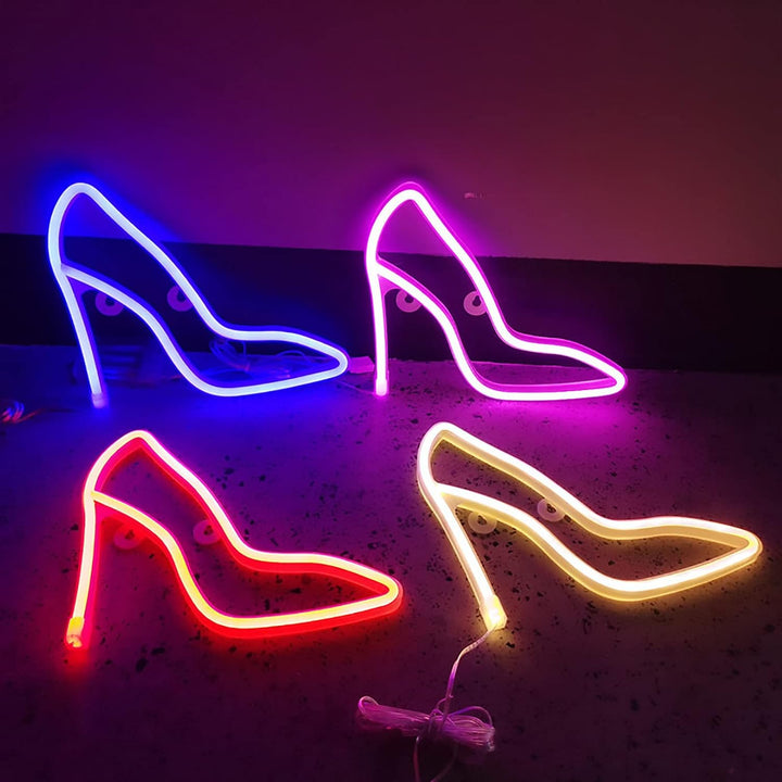 VibeCore High-Heel Neon Light in 4 colors: Red, Blue, Pink, and Warm White, displayed to show off its chic and glowing ambiance, adding a fashionable touch to any space.