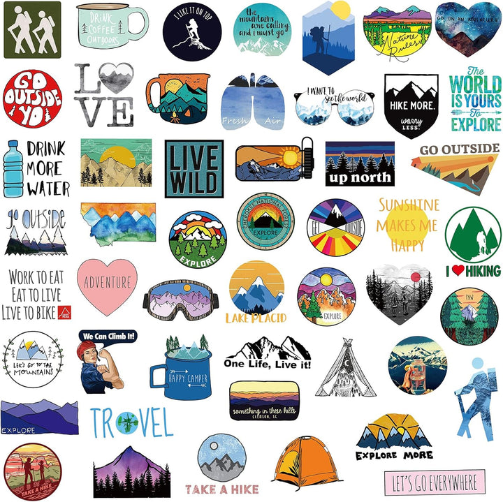 VibeCore Hiking and Mountains Stickers showcasing mountain landscapes, hiking trails, adventure quotes, nature exploration, and outdoor vibes for nature lovers.