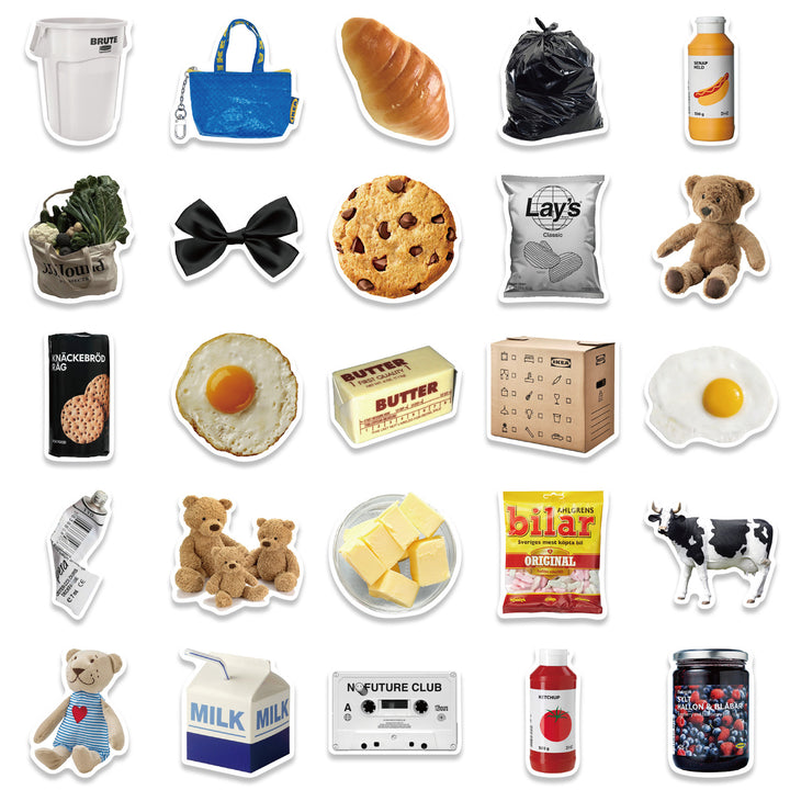 VibeCore Homestyle Goods Stickers 25 Stickers including chips, teddy bears, snacks, animals, condiments, bags, and household goods.