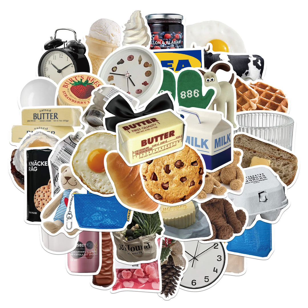 Circular cluster of VibeCore Homestyle Goods Stickers featuring cozy, modern, and minimalist designs for laptops, water bottles, phone cases, and notebooks.