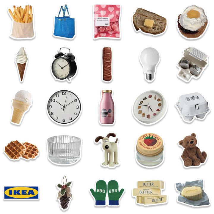 VibeCore Homestyle Goods Stickers Other 25 Stickers featuring home goods like foods, ice cream, snacks, clocks, toys, eggs, and household items.