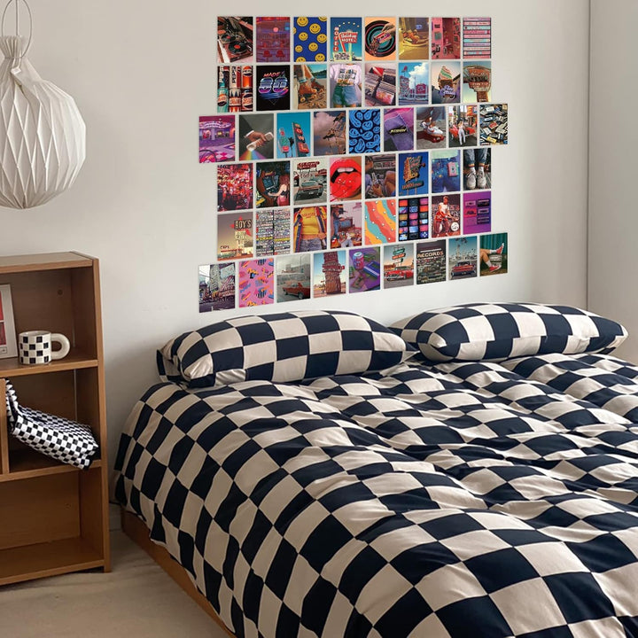 VibeCore Indie Kid Wall Collage Kit in bedroom featuring 50 colorful, eclectic prints capturing indie, VSCO girl, and hippie aesthetics. Perfect for dorm room, indie decor, hippie vibes, boho wall art, vibrant bedroom styling, and personalized artistic space.