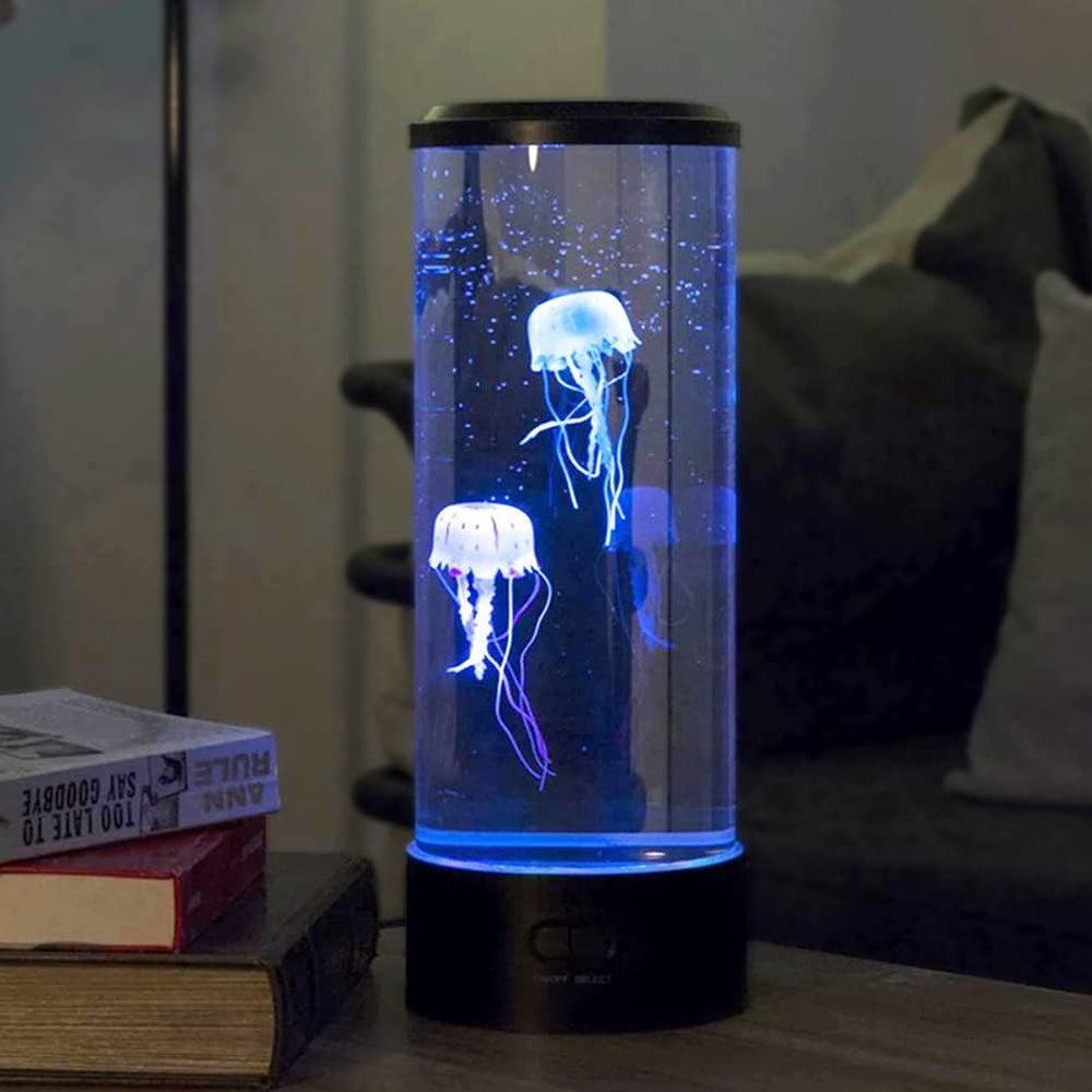 VibeCore Jellyfish Lava Lamp in Blue, featuring two lifelike jellyfish floating inside and creating a calming, soothing ambiance. The color-changing LED lights enhance the effect, offering a tranquil atmosphere perfect for relaxation or study. This USB or battery-powered lamp is easily customizable with the included remote control.