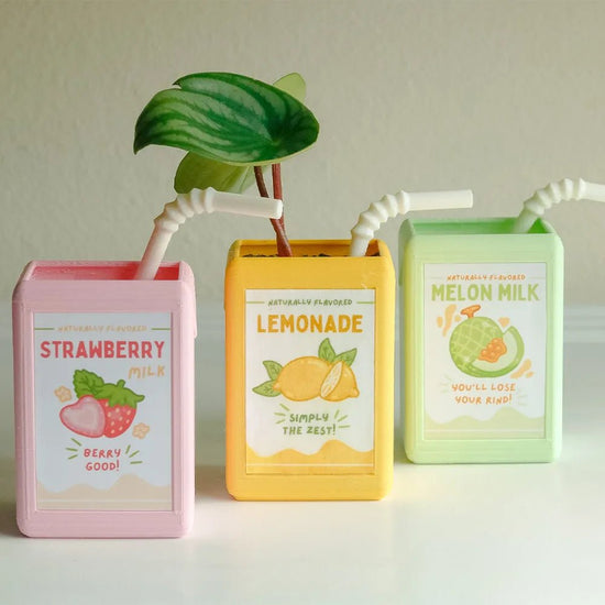 VibeCore Juice Box Planter collection, featuring three vibrant flavors—lemonade, strawberry, and melon—perfect for adding a playful, funky touch to your room decor. This fun, fruity resin planter is ideal for small plants or succulents, bringing a quirky vibe to desks, windowsills, or shelves. Perfect for a teen room, dorm, or eclectic living space, this unique decor piece adds personality and dopamine appeal, making it a standout addition to any aesthetic, including cutecore and aesthetic.