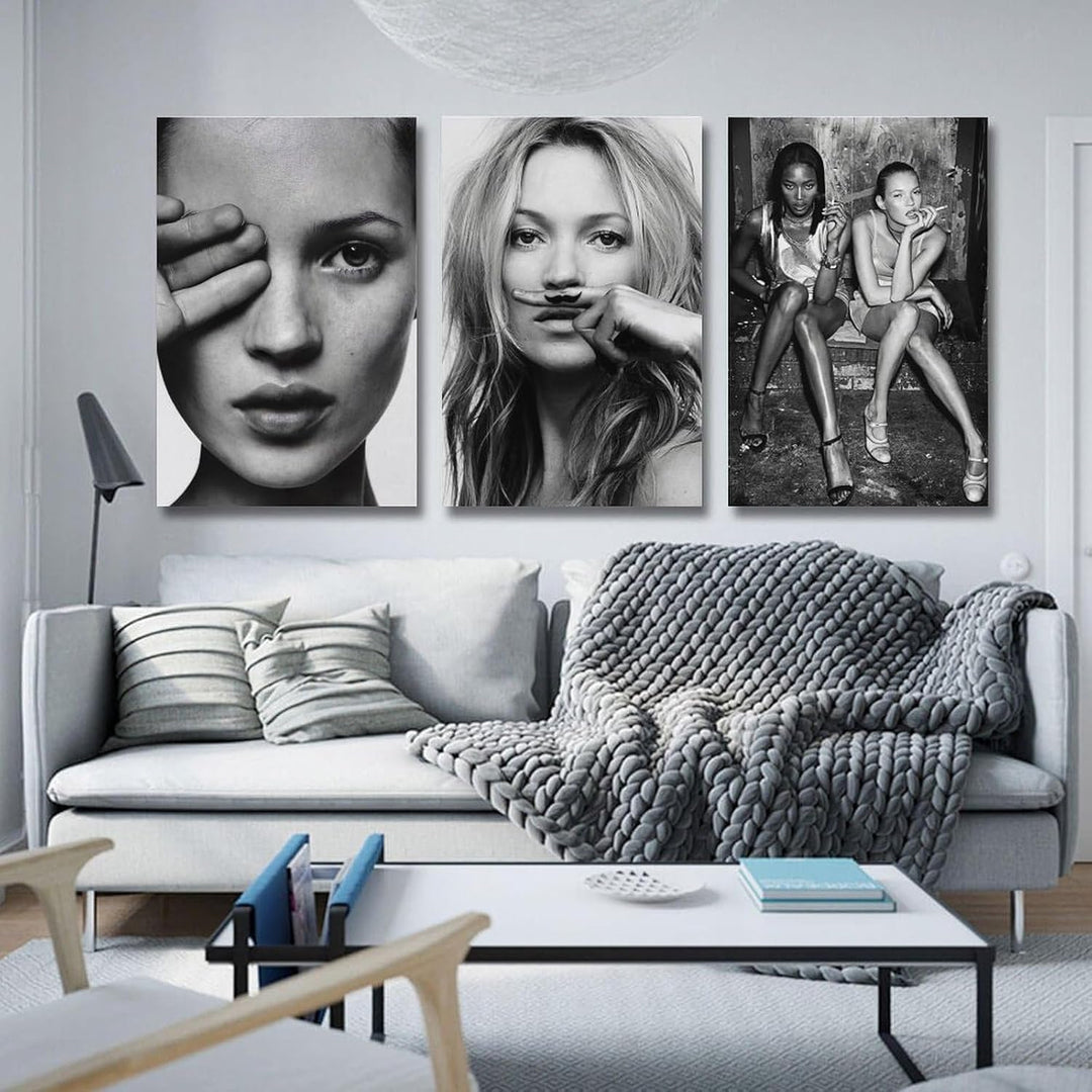 VibeCore Kate Moss Canvas Prints Option A B C on Living Room Wall