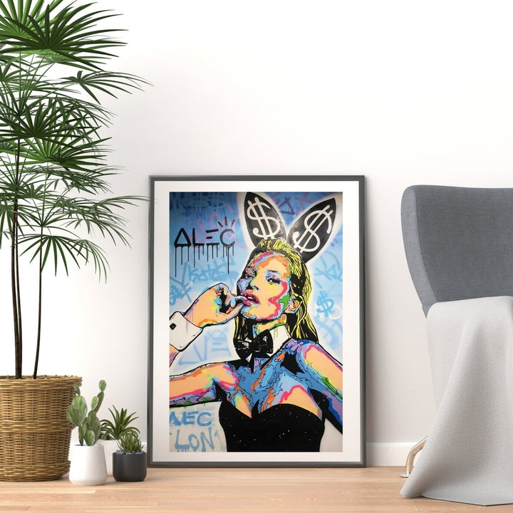 VibeCore Kate Moss Graffiti Canvas Print Framed On Floor Against Wall