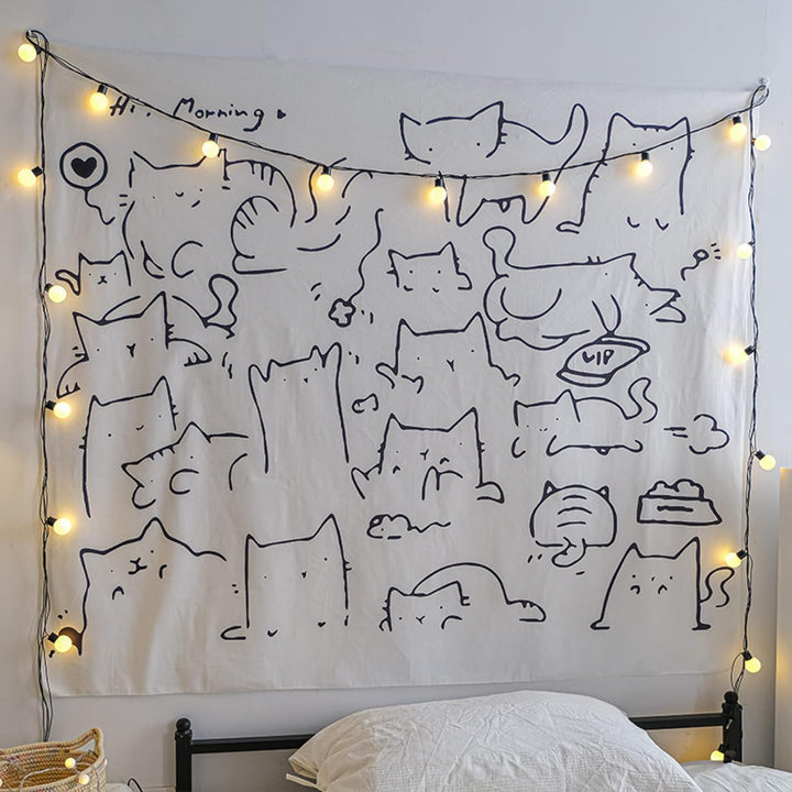 VibeCore Kitty Cats Tapestry On Bedroom Wall Above Bed With Lights Around It