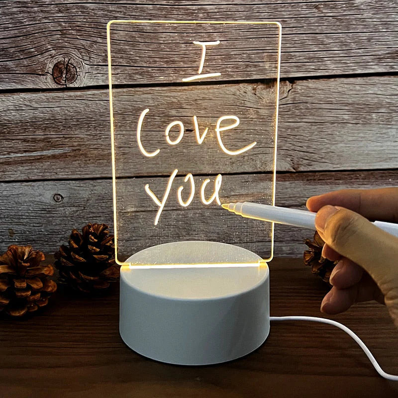 VibeCore LED Creative Note Board on a table, displaying a glowing "I Love You" message in vibrant LED colors, blending functionality as a lamp and dry-erase board.