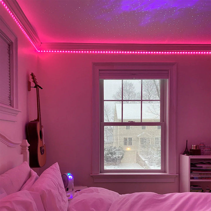 VibeCore LED Strip Lights in pink illuminating a bedroom, creating a vibrant and cozy ambiance.