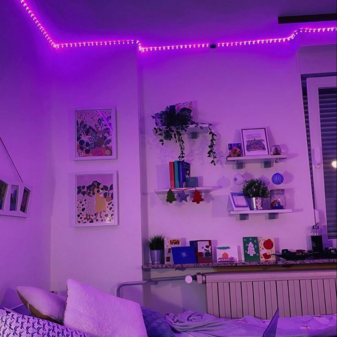 VibeCore LED Strip Lights in purple illuminating a bedroom, adding a vibrant and cozy atmosphere.