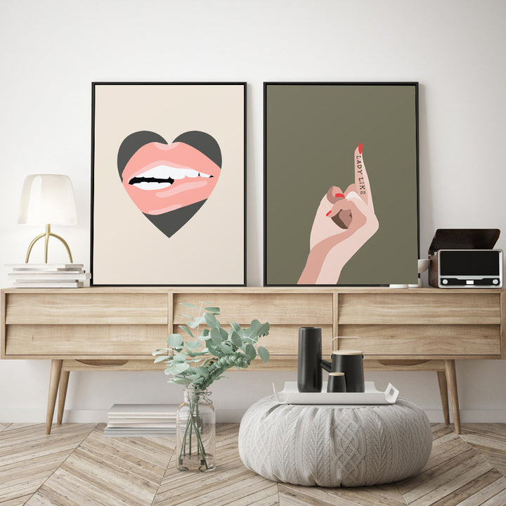 VibeCore Ladylike Canvas Prints Option B and C Framed On TV Stand In Living Room
