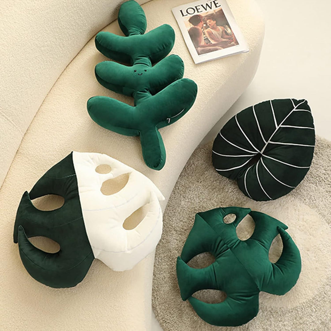 VibeCore Leaf Throw Pillow in all options, featuring Monstera Deliciosa, Philodendron, and White Fancy Carp designs. Soft velvet plush pillow with nature-inspired accents, perfect for adding a fresh, cozy vibe to beds, couches, and lounge areas.