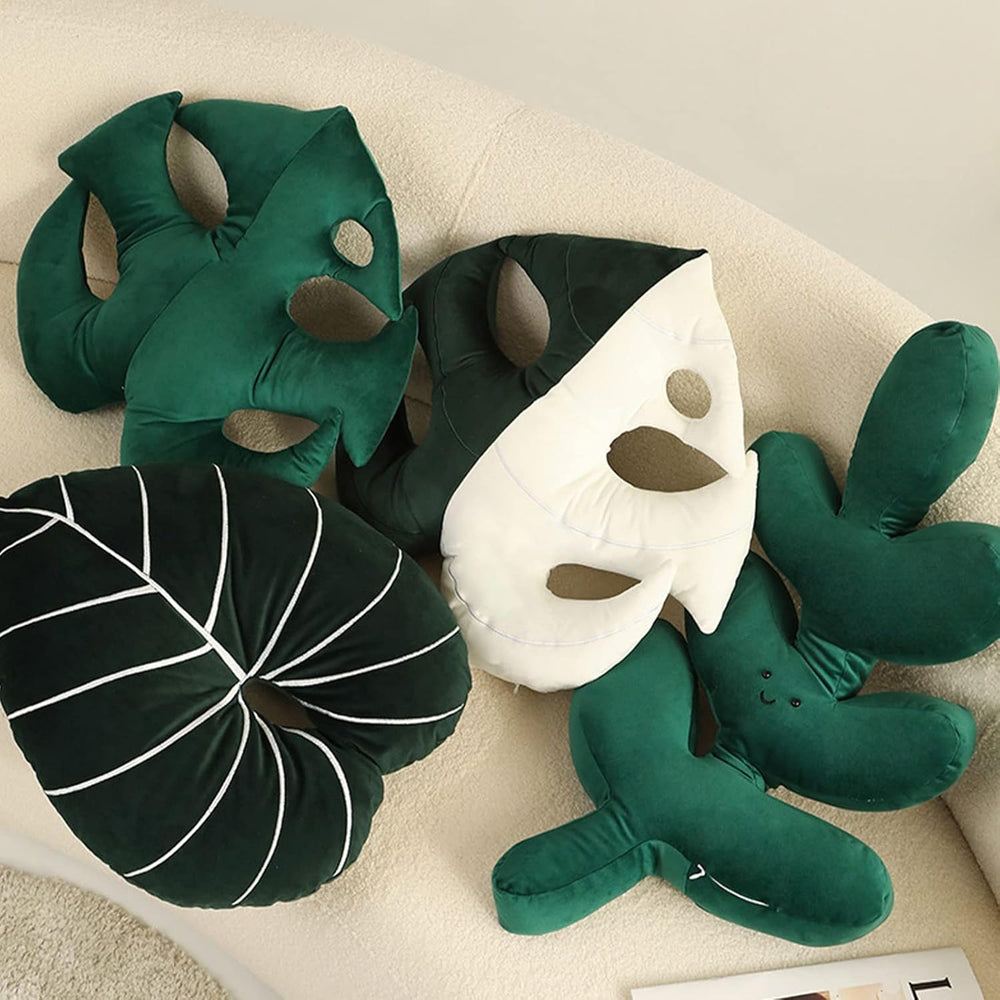 VibeCore Leaf Throw Pillow in all options, showcasing Monstera Deliciosa, Philodendron, and White Fancy Carp designs in a cozy cluster. Soft velvet plush pillows with nature-inspired accents, perfect for adding a fresh, cozy vibe to any space.