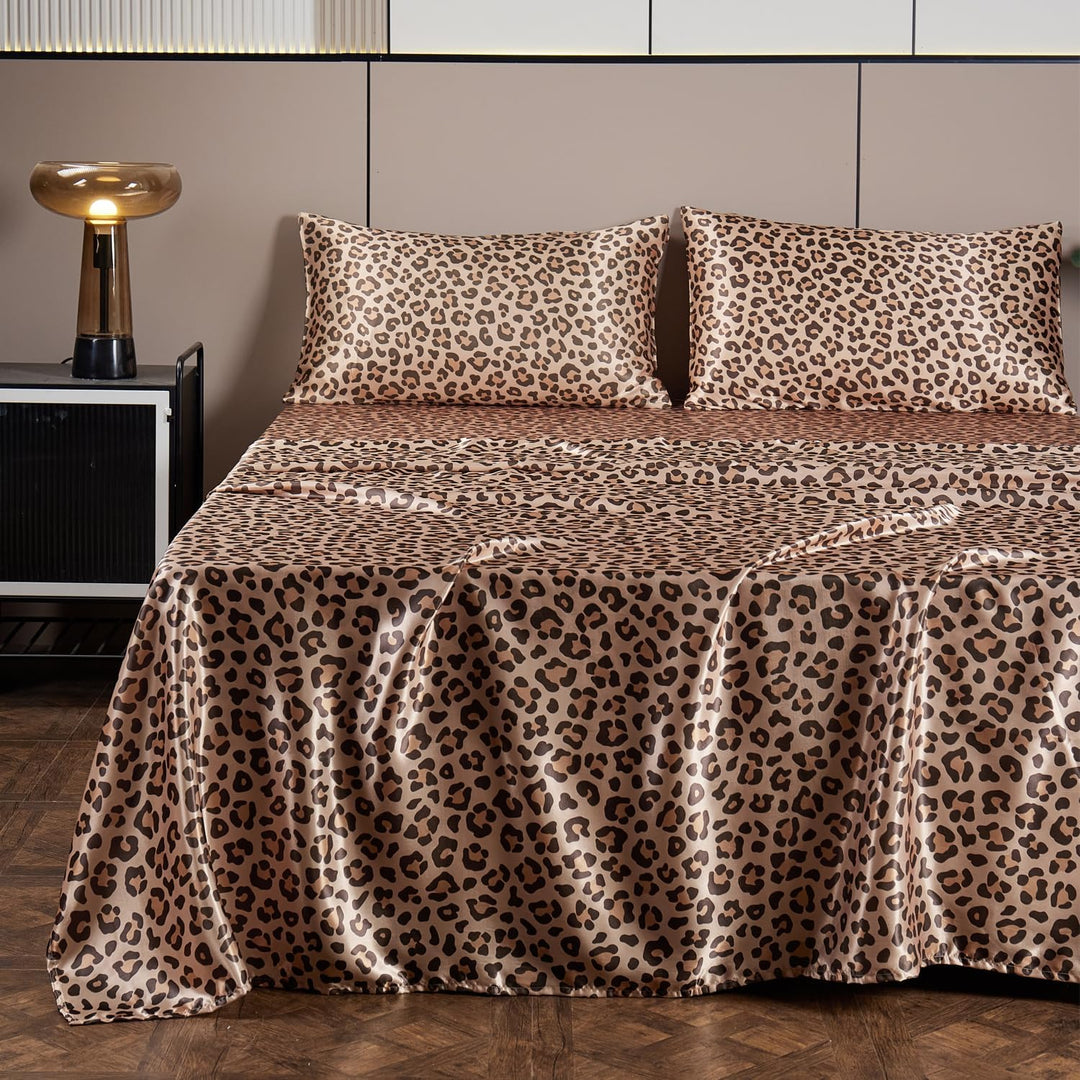 VibeCore Leopard Print Satin Sheet Set Brown