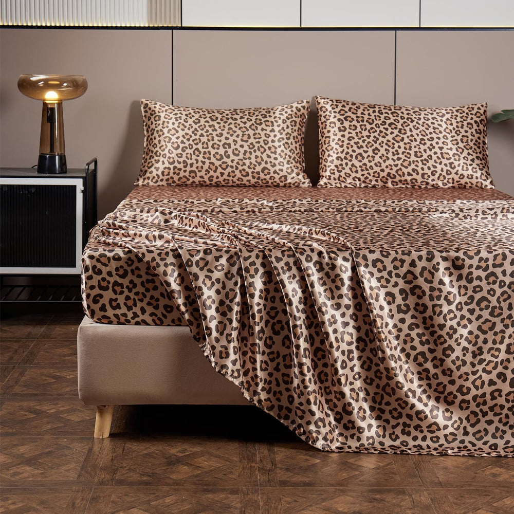 VibeCore Leopard Print Satin Sheet Set Brown Sheet Tucked In