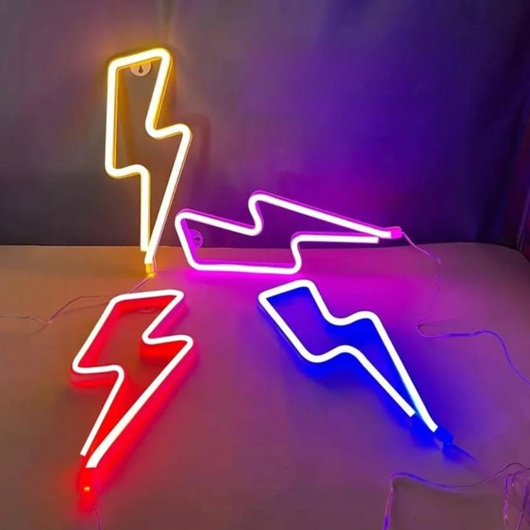 Aesthetic VibeCore Lightning Neon Light in 4 colors (warm white, pink, blue, red), USB or battery-powered LED sign for trendy bedroom, dorm, or gaming room decor.