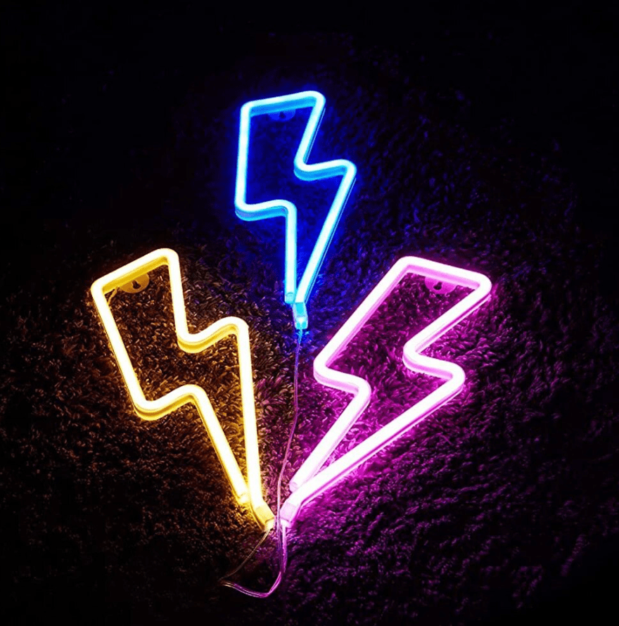 Aesthetic VibeCore Lightning Neon Light in blue, pink, and warm white, USB or battery-powered LED sign for trendy bedroom, dorm, or gaming room decor.