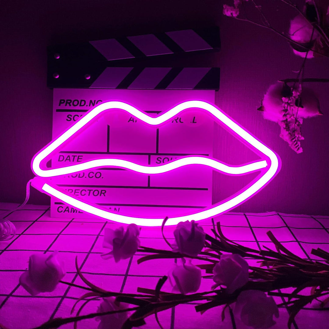Aesthetic VibeCore Lips Neon Light in pink on a table, USB or battery-powered LED sign for trendy bedroom, dorm, or lounge decor, adding a playful, vibrant glow to elevate your space with personality and flair.