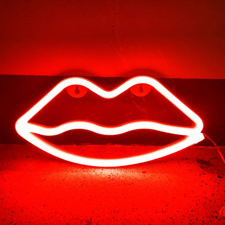 Aesthetic VibeCore Lips Neon Light in red on the wall, USB or battery-powered LED sign for trendy bedroom, dorm, or lounge decor, casting a bold, vibrant glow to elevate your space with personality and flair.