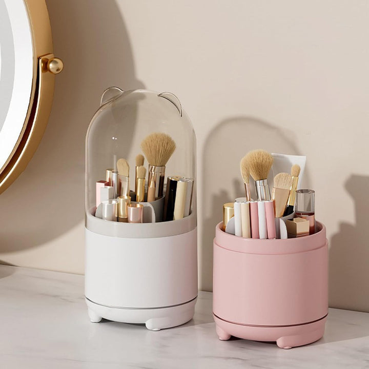 VibeCore Little Ears Rotating Makeup Brush Holder 2 holders in white and pink with rotating feature, offering dust-free storage and easy access to beauty tools.