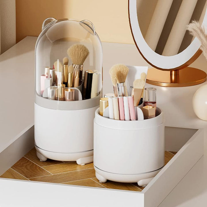 VibeCore Little Ears Rotating Makeup Brush Holder 2 white holders with a playful design and rotating feature for easy access to makeup tools, keeping them dust-free.