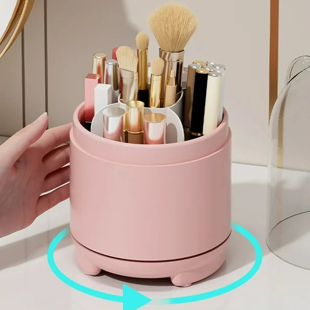 VibeCore Little Ears Rotating Makeup Brush Holder Pink, showcasing its 360° rotating feature for easy access to beauty tools while keeping them organized and dust-free.
