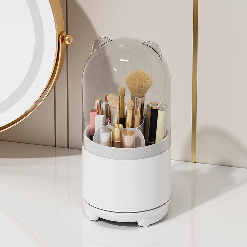 VibeCore Little Ears Rotating Makeup Brush Holder in white with a cute design, 360° rotating base, and dust-free cover for organized beauty tools.