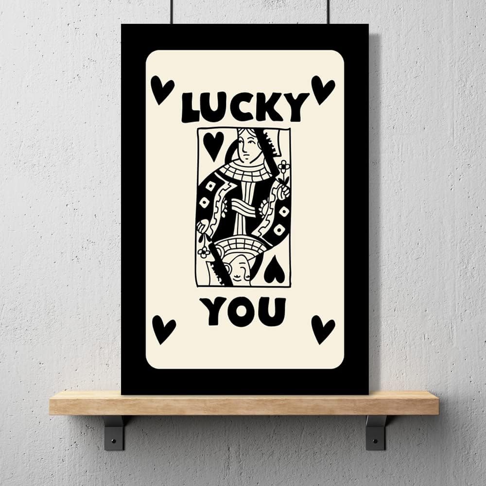 Playful 'Lucky You Queen' canvas poster with a bold queen playing card design, featuring black and gold details for a trendy, retro-inspired vibe, perfect for adding personality to any room.