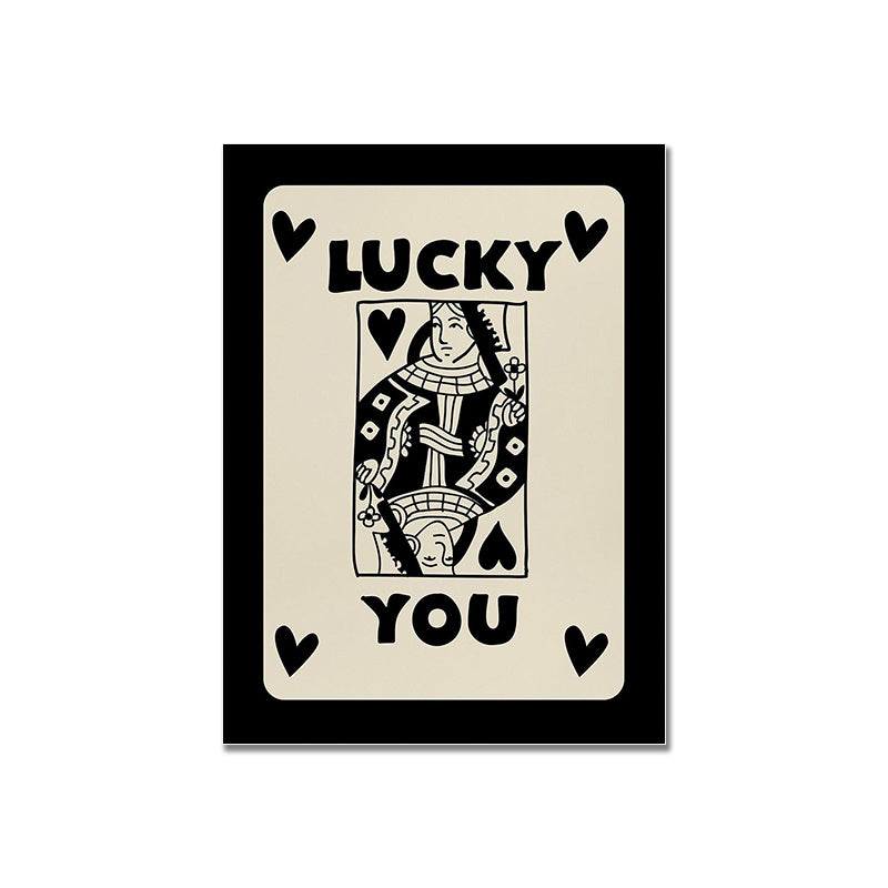 Close-up product view of the 'Lucky You Queen' canvas poster, showcasing a bold queen playing card design with a black background and vibrant colors, perfect for adding a playful touch to any room.