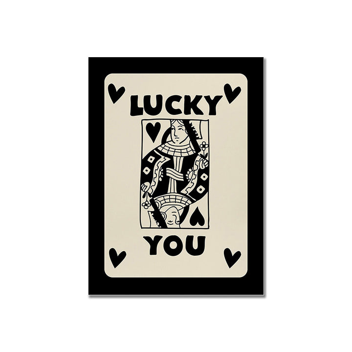 Close-up product view of the 'Lucky You Queen' canvas poster, showcasing a bold queen playing card design with a black background and vibrant colors, perfect for adding a playful touch to any room.